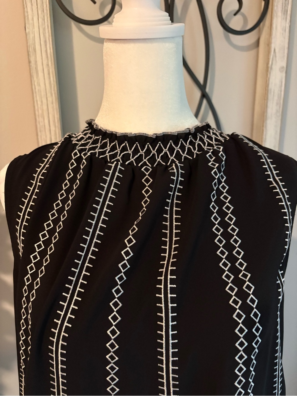 White House Black Market Black Sleeveless Smocked Neck Embroidered Stripe Blouse
